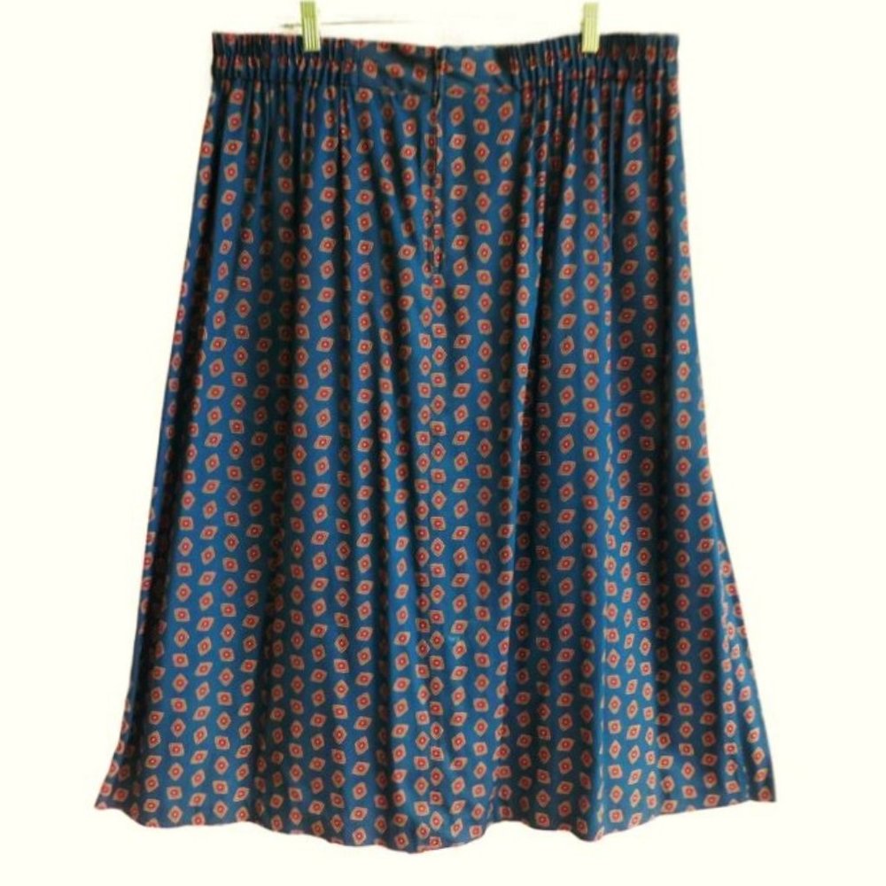 SOLD Vintage 80s Midi Skirt Prairie Farmhouse Elastic Back Zip Teal Blue USA 20W - Picture 3 of 8